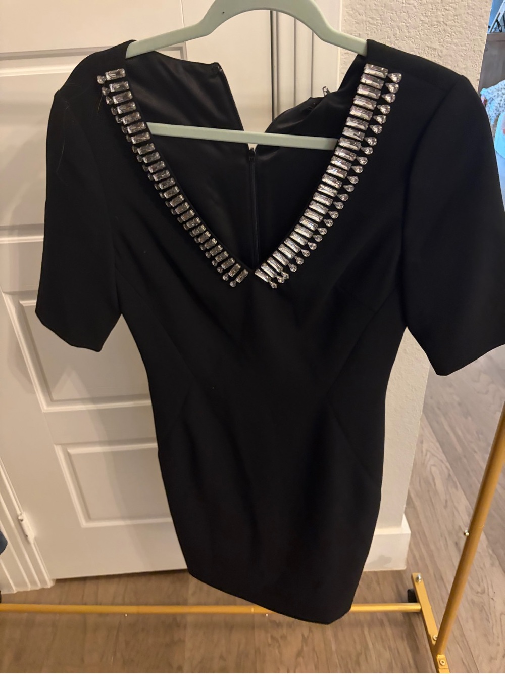 Ted Baker London Black Mini Dress with Crystal-Trim V-Neckline